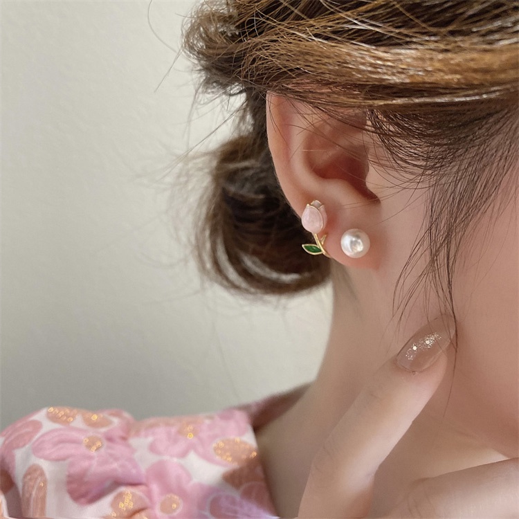 Anting Bunga tulip Mutiara Aksesoris Wanita Korea Manis Lucu