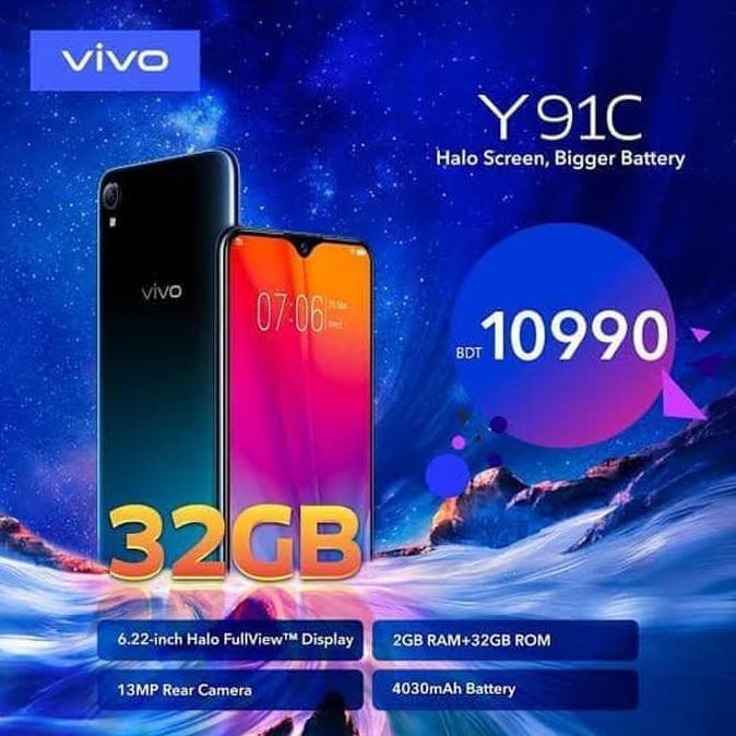 TERMURAH HP VIVO Y91C RAM 2GB - ROM 32GB FIFO Y91C GARANSI RESMI BLACK - HITAM READY STOCK