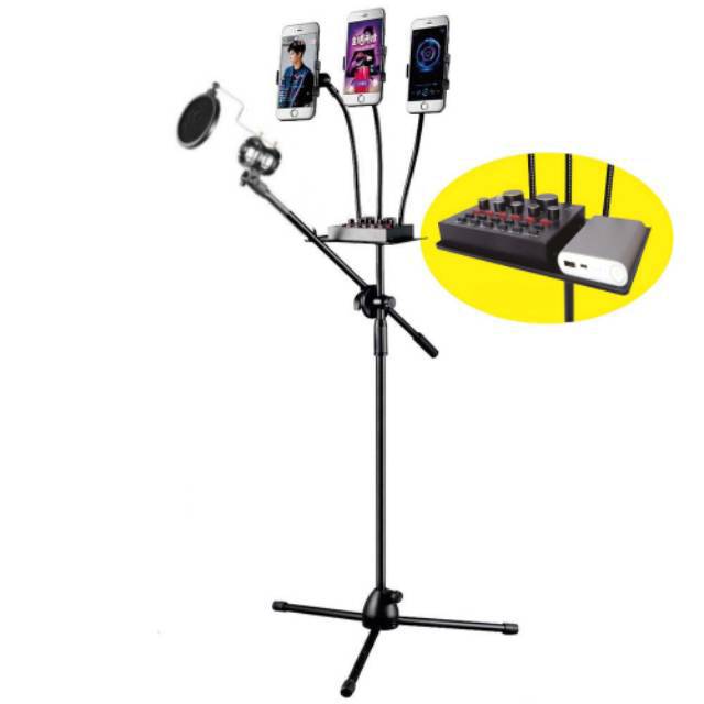 Stand Berdiri Microphone Standing Holder Tripod with 3 x Smartphone Holder