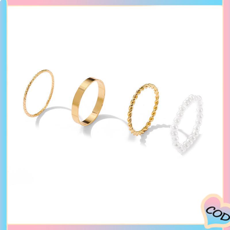 COD❤️ Korea Wanita Mutiara Cincin Wanita Emas Cincin Logam Set Fashion Perhiasan Aksesoris-A.one