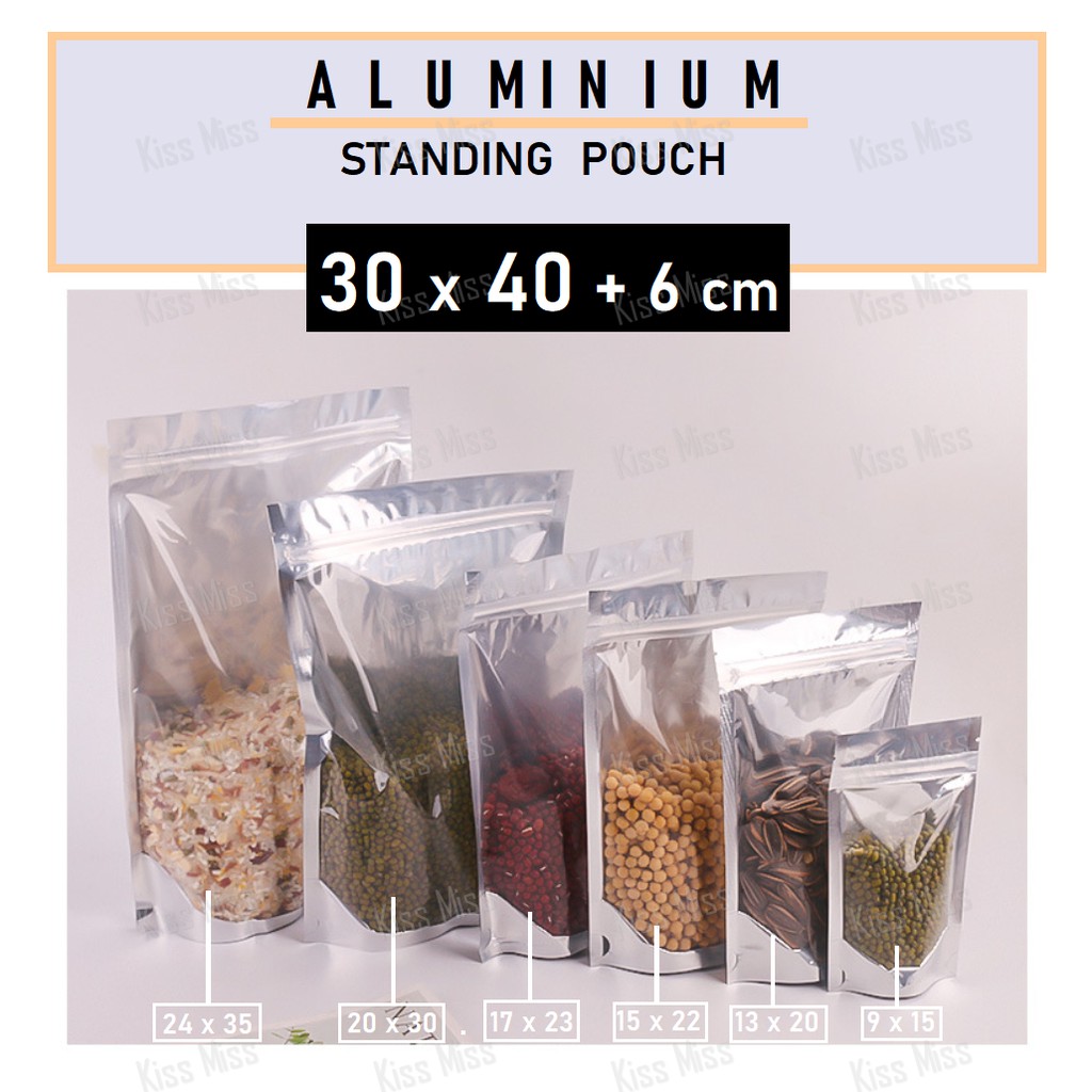 SILVER Aluminium / 30x40 / Standing Pouch / Ziplock / Kemasan Keripik / Plastik Klip / Kemasan Beras