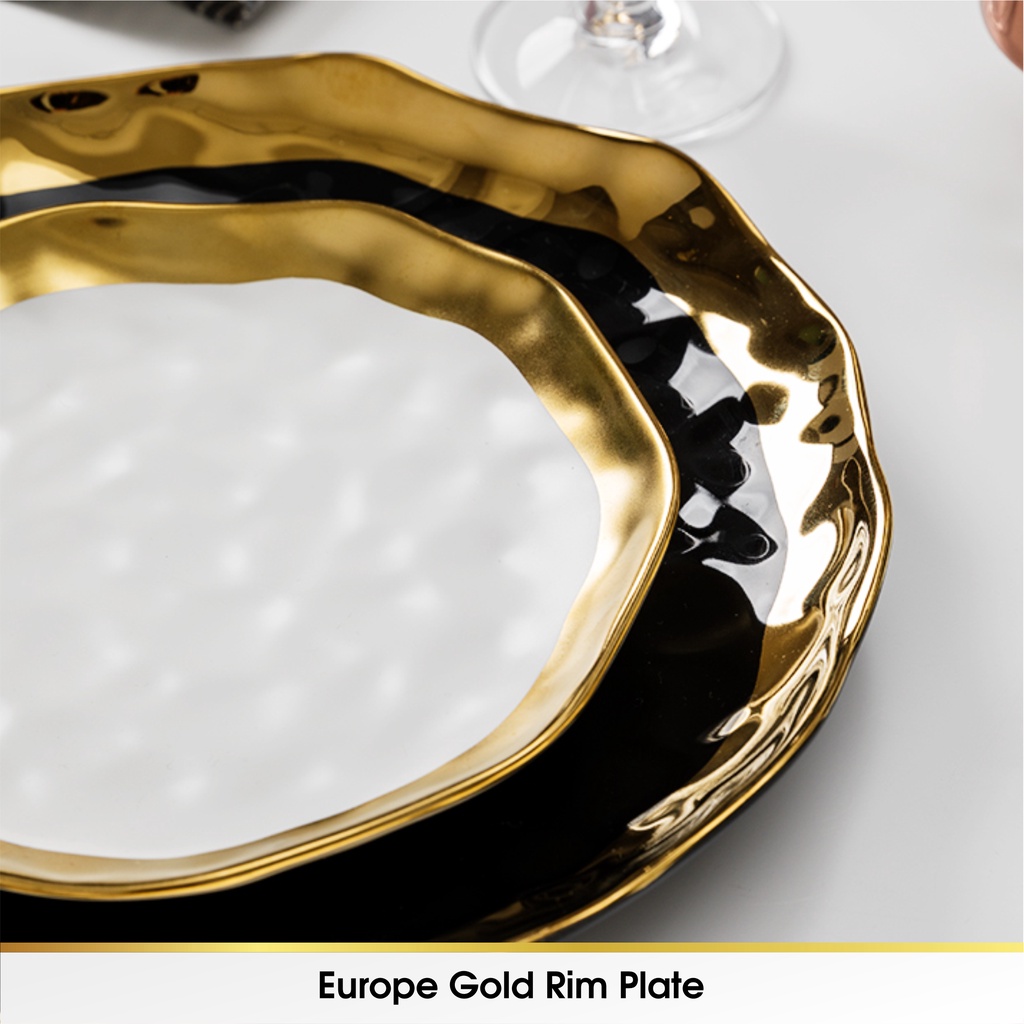 European Style Gold Piring Rim Matte Plate Makan Keramik Salad Fine Dining Cantik Ceramic Mewah