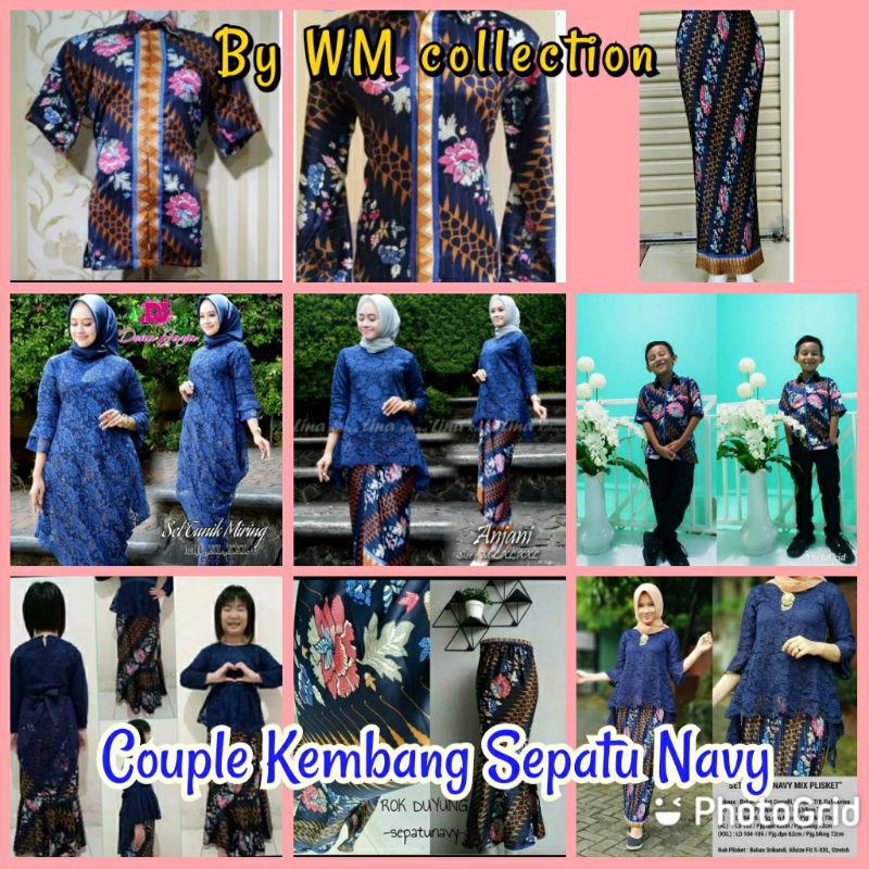 Wm>couple Batik Kembang Sepatu Navy /rok Plisket Biru Navy / Couple Batik/couple Keluarga