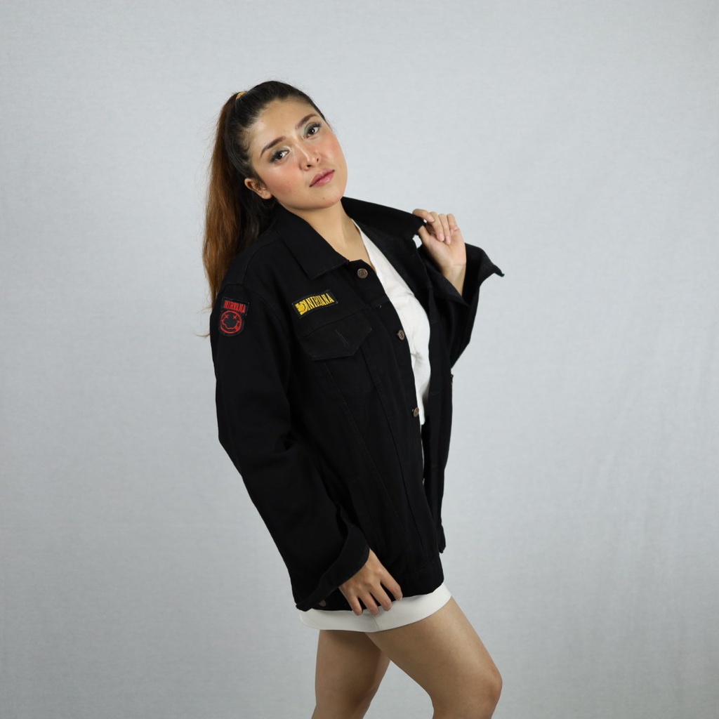 Make it Outfits - Jaket Jeans Denim Oversize Wanita/ Jaket Jeans Bordir Emblem Band Nirvana