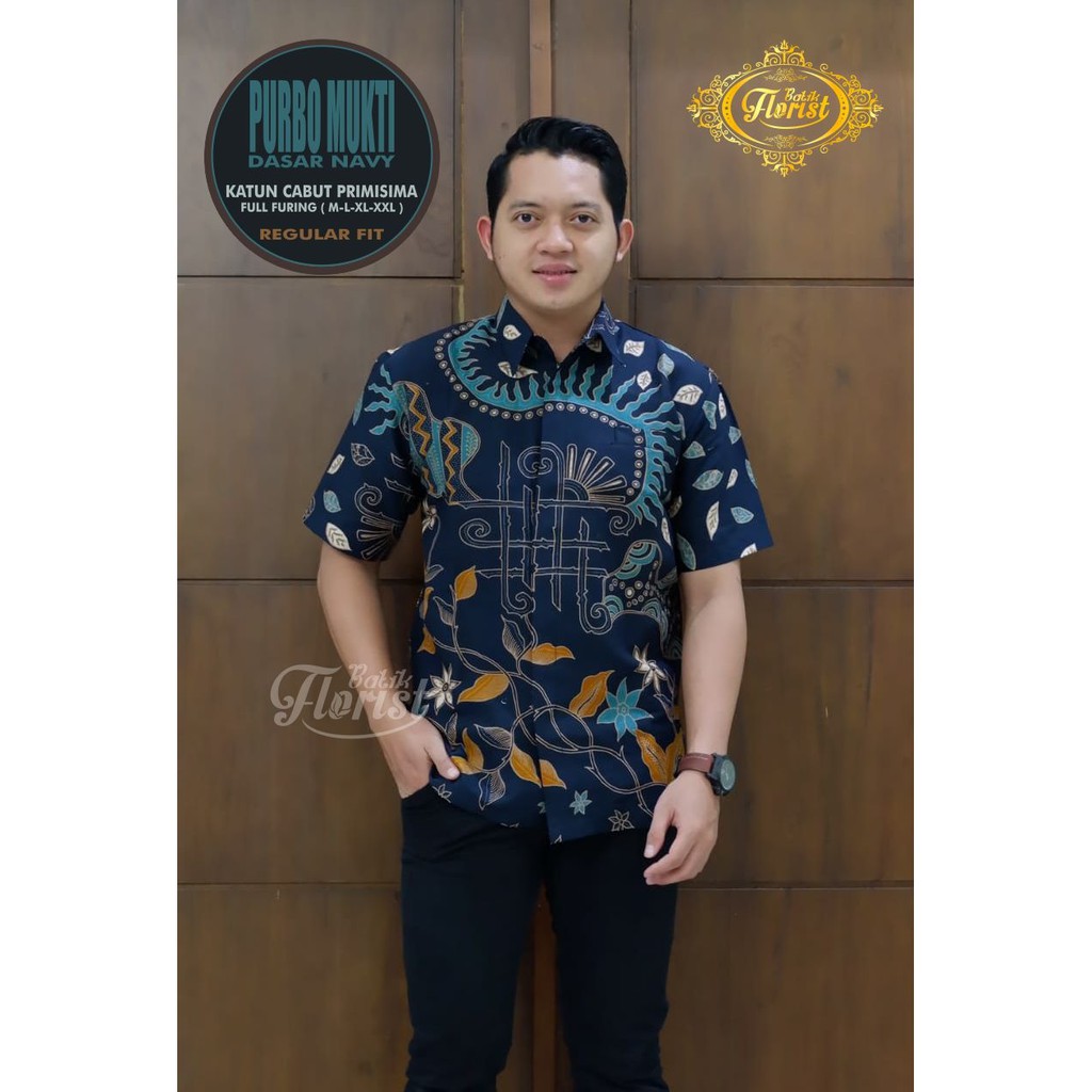 PURBO MUKTI NAVY Kemeja Batik Pria Full Furing Bahan Katun Cabut Primisima