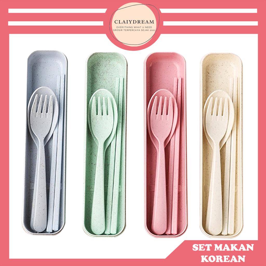 Alat Makan Sendok Sumpit Garpu Alat Makan Box Korea Travelling Set 3IN1 Bahan Plastik CLAIYDREAM