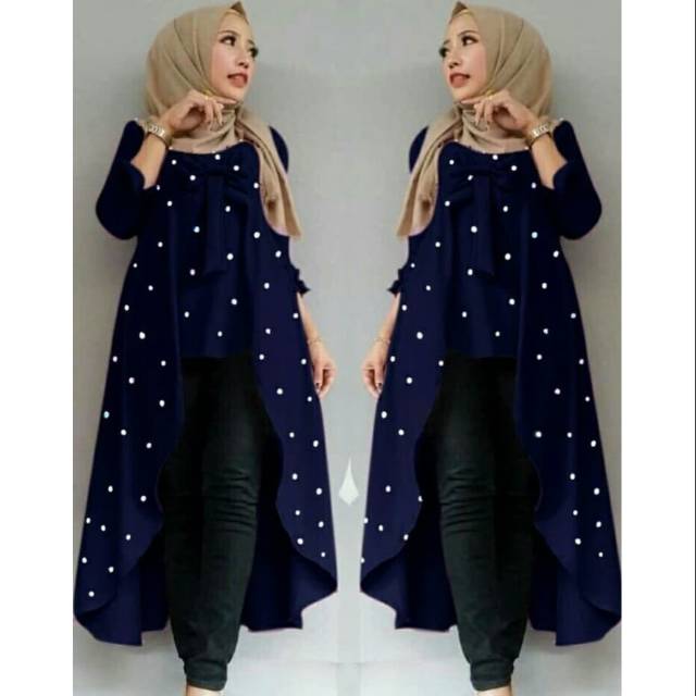 Baju Atasan Wanita Tunik Viane Motif Titik Putih Mutiara Baju Muslim Atasan