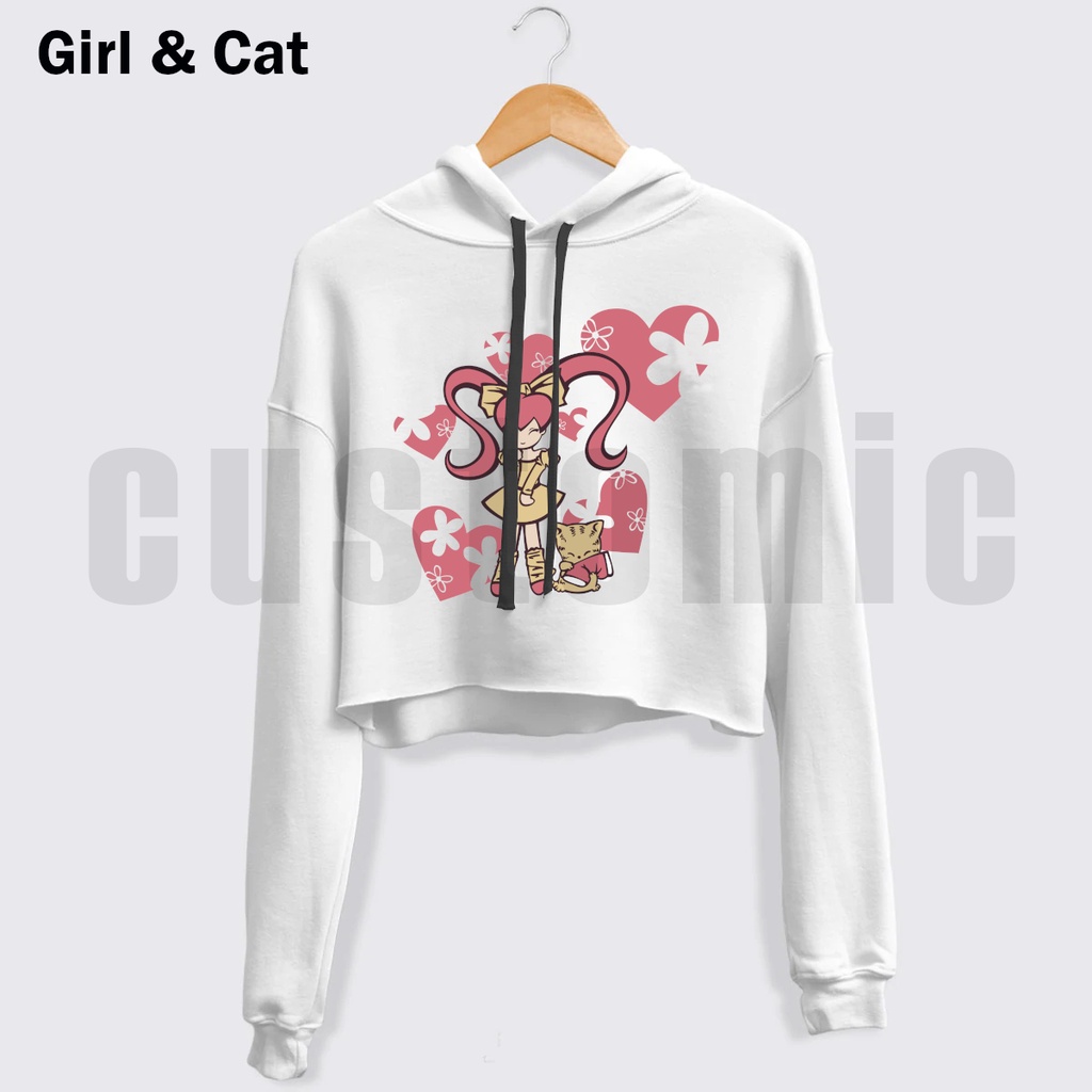 Hoodie Sweater Crop Wanita anime girl and cat putih