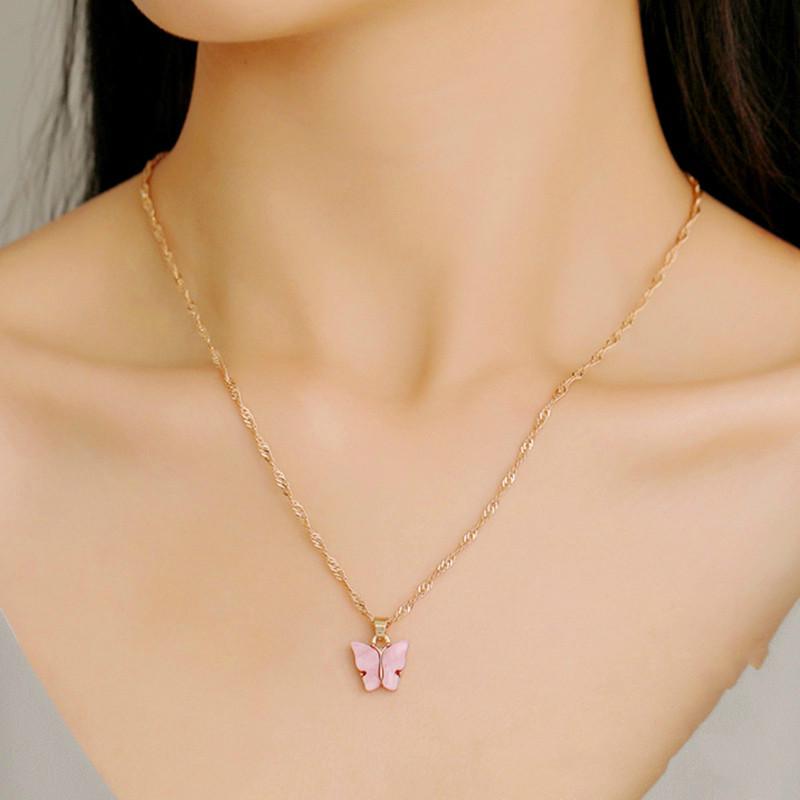 (YUZHU) Baru Datang COD Korean Gaya Kalung Kupu-kupu Kalung Rantai Wanita Aesthetic Butterfly Necklace Anting Kalung Rantai Warna Akrilik Rantai