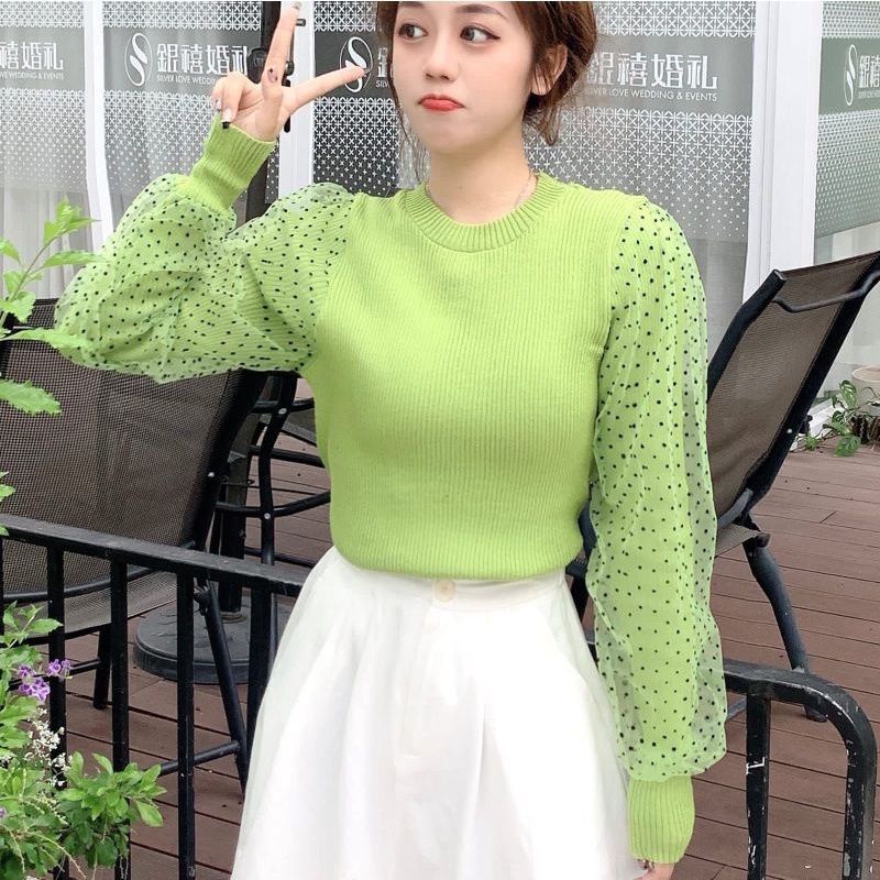 PAKAIAN WANITA BAJU ATASAN BLOUSE TOP KNIT RAJUT POLKADOT POLKA LUISA