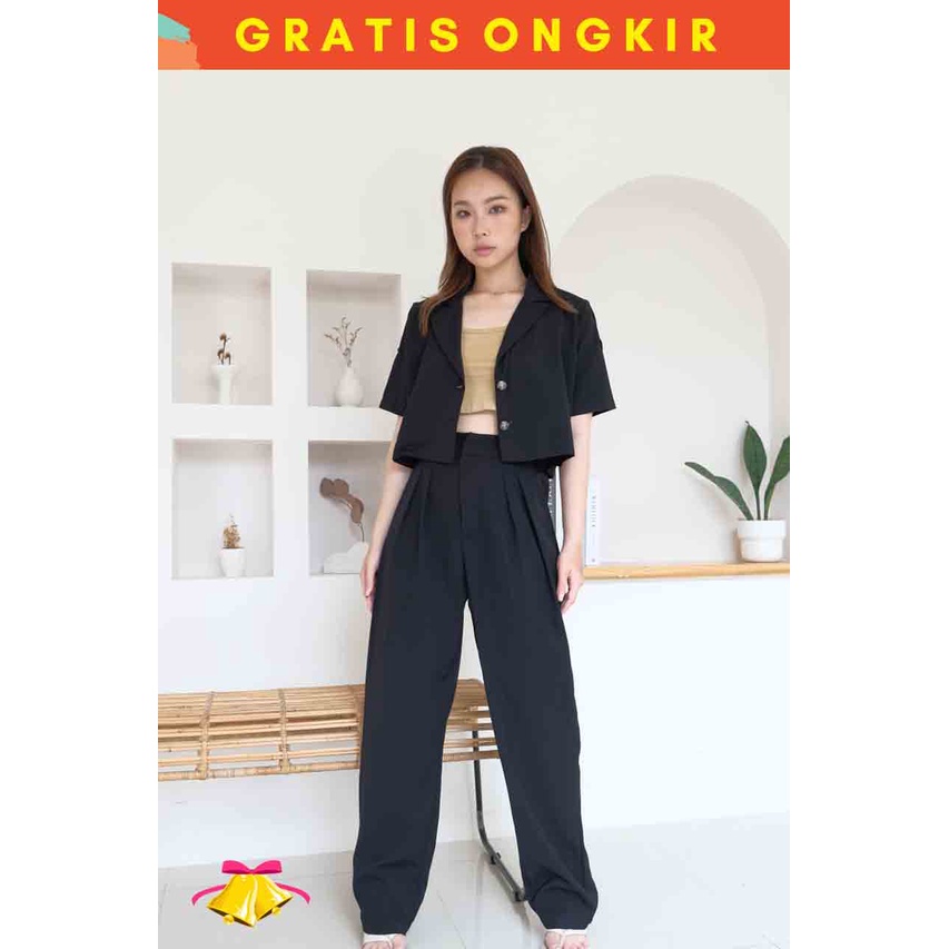 COTTONBELLS CASUAL JUMPSUIT WANITA YAKSHA BUTTON CROP SET PANTS (HK - JS 1803)-2