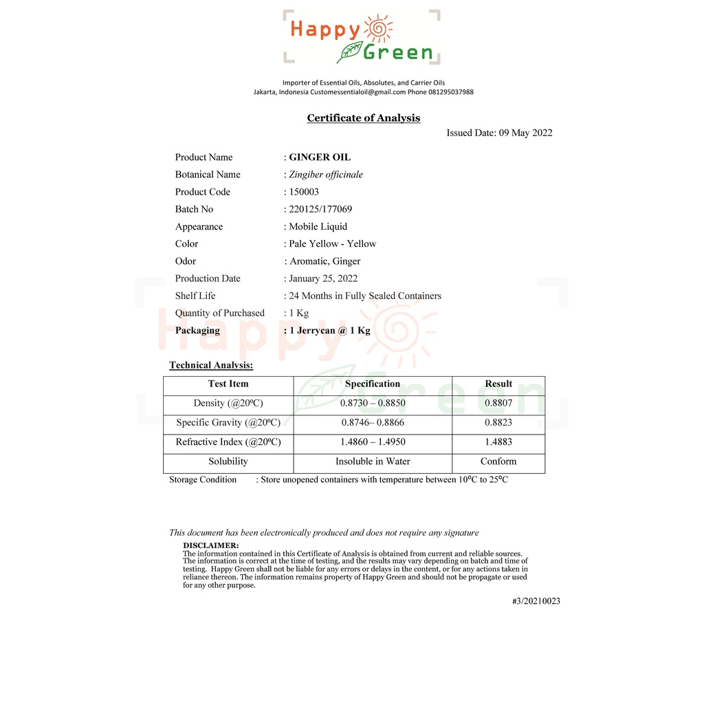 BPOM Happy Green Ginger Essential Oil - Minyak Atsiri Jahe Segar 100% Murni Garansi Uang Kembali