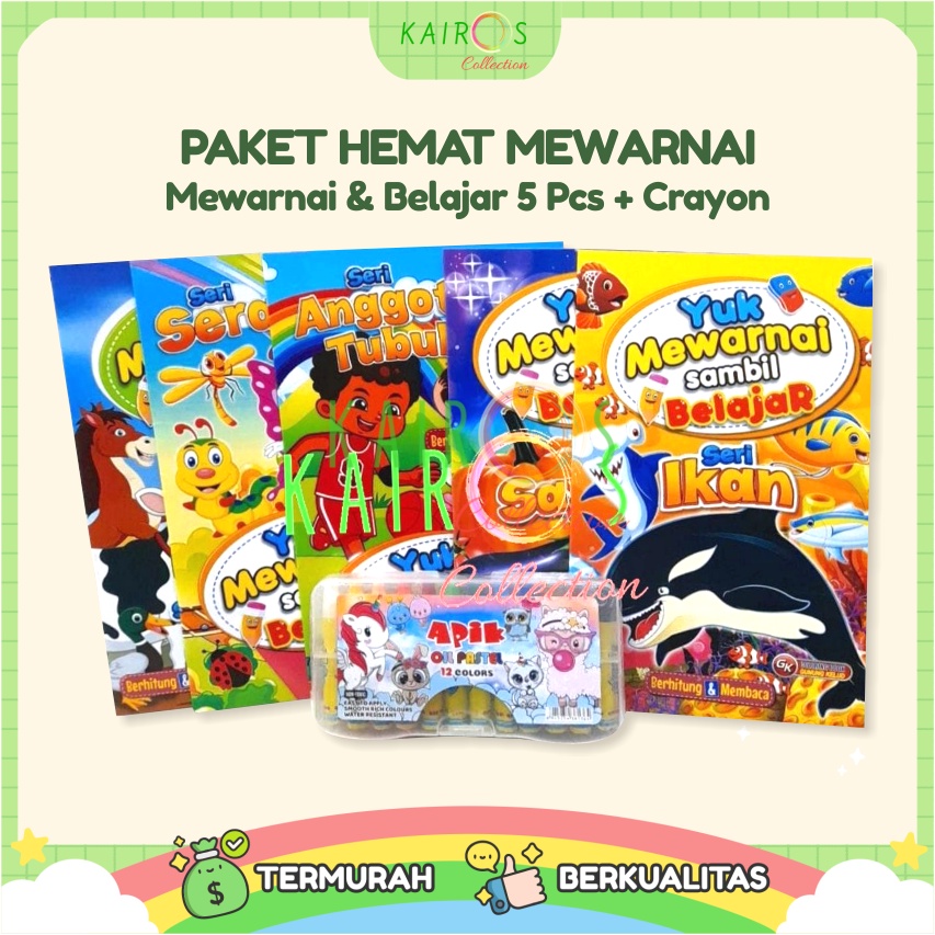 Paket Hemat 5 Buku Belajar Mewarnai Anak &amp; Crayon 12 Warna Lengkap