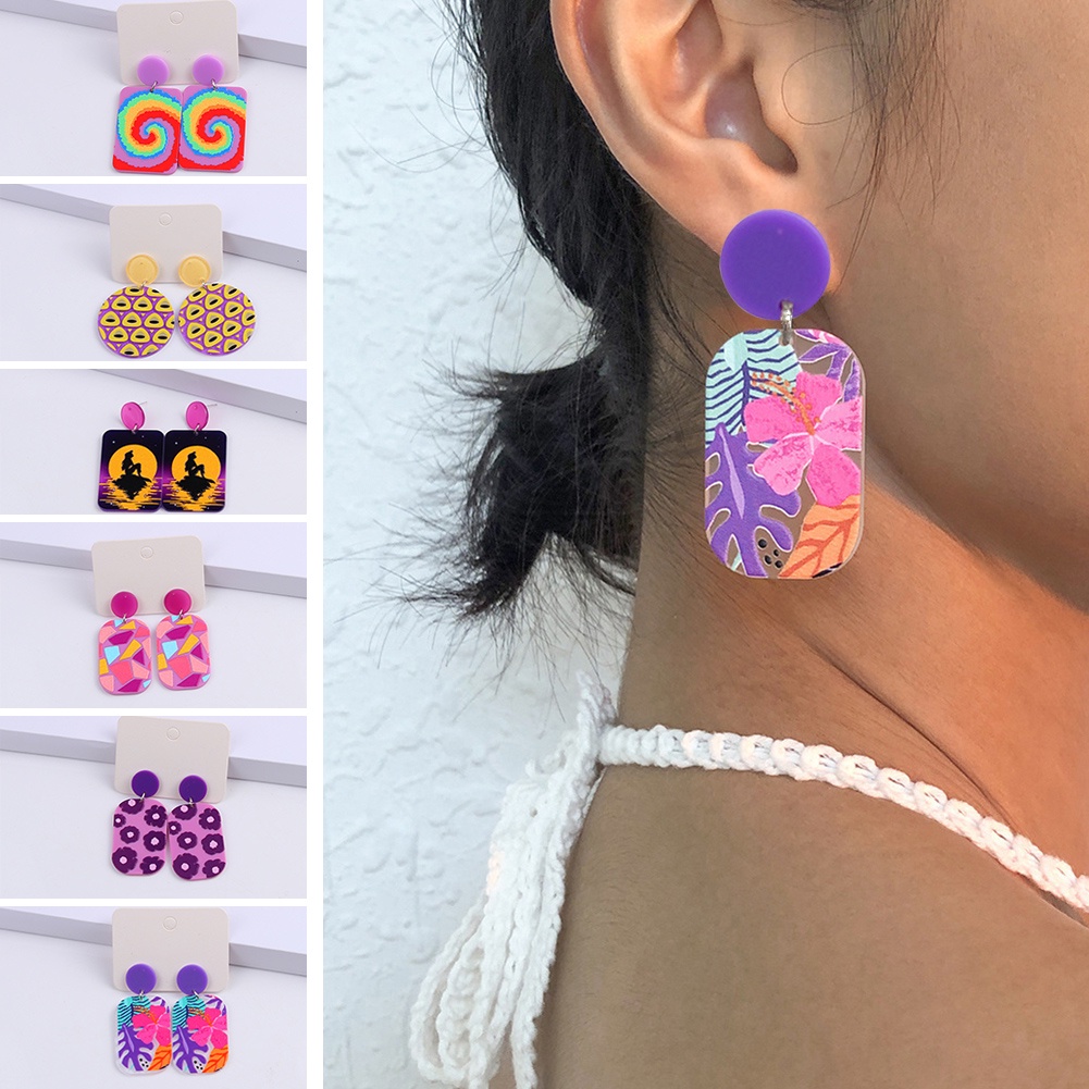 Anting Tusuk Gantung Bahan Akrilik Desain Emboss Geometri Warna Kontras Untuk Wanita