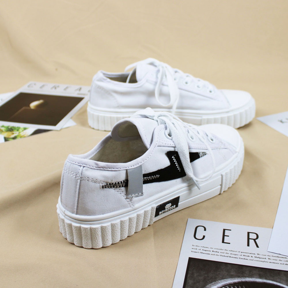 Sepatu Sneakers Korean Style Boyscode Motif Thunder Pendek Putih / Sepatu Canvas Korea Terbaru Full White