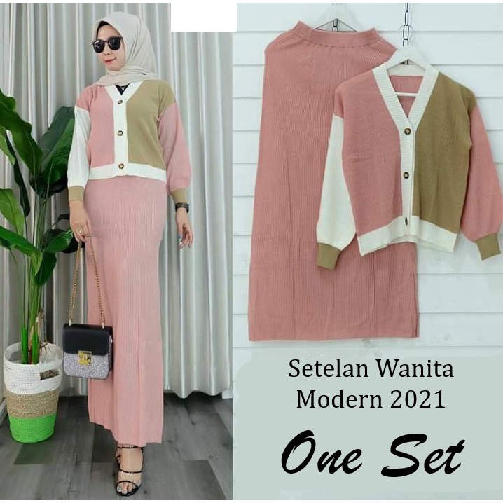 Setelan Rajut Wanita Modern 2021 - Baju 1 Set Wanita Korean Style - Candy Cardigan Rajut Full Set