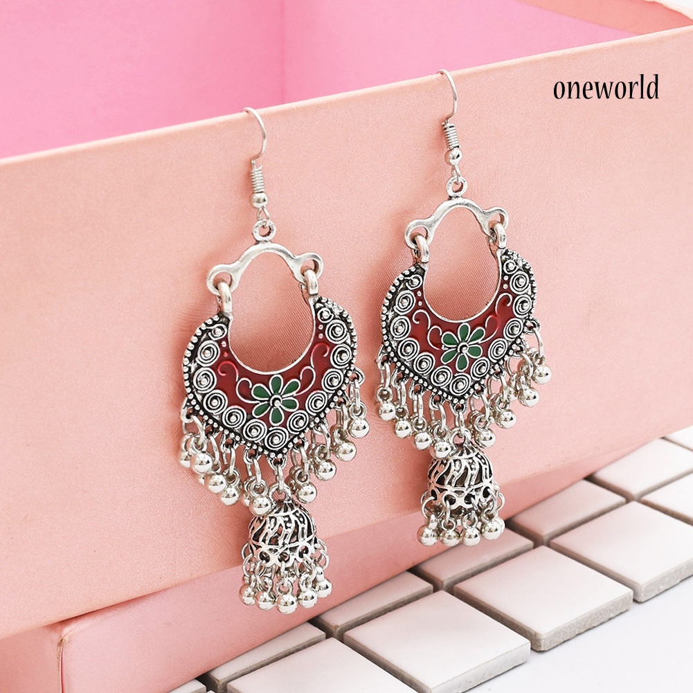 OW@ Retro Bohemian Women Flower Round Balls Tassel Dangle Hook Earrings Jewelry