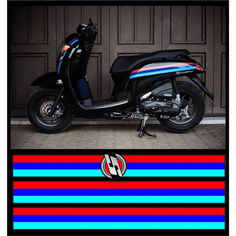 promo stiker sticker motor stripe garis merah biru tua biru muda keren Scoopy Vespa