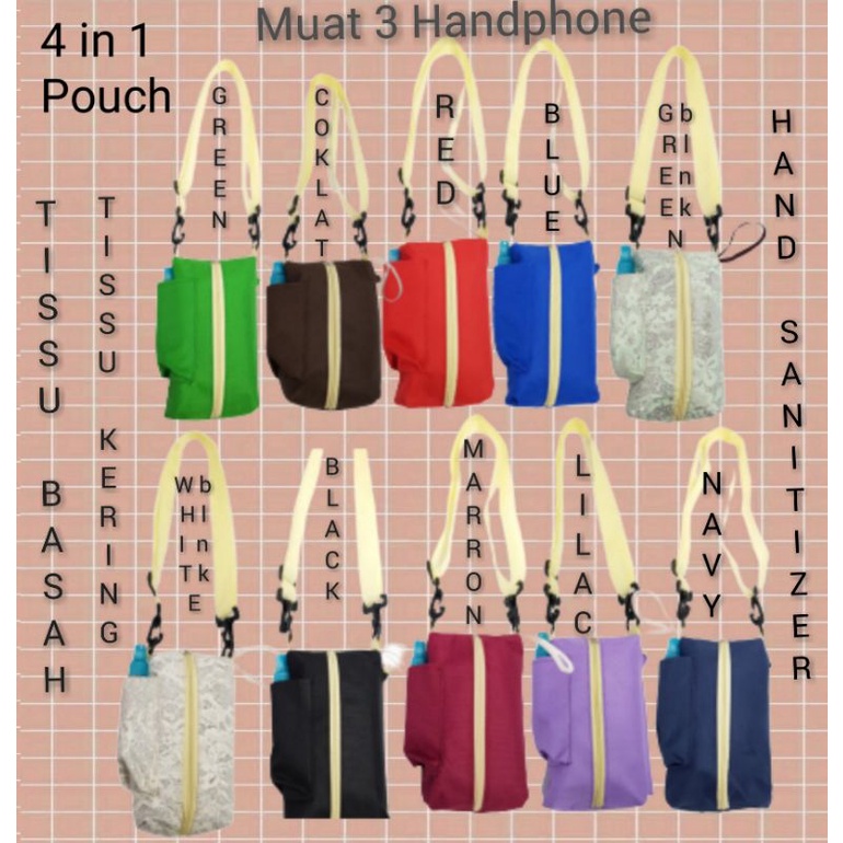 Pouch Tissue 4in1 / Tas tempat tissue  pouch tissu anti virus , tas hp ,sanitizer,Tissu kering FREE TISSUE BASAH 50'S