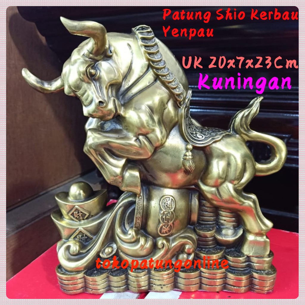 Patung Shio Kerbau Fengshui Kuningan Motif Yenpau 01