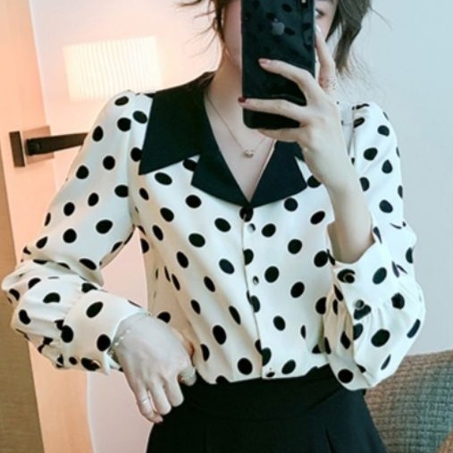 2160 Baju atasan kemeja kerja polkadot putih wanita import baju atasan blouse kemeja kerja kantor pe