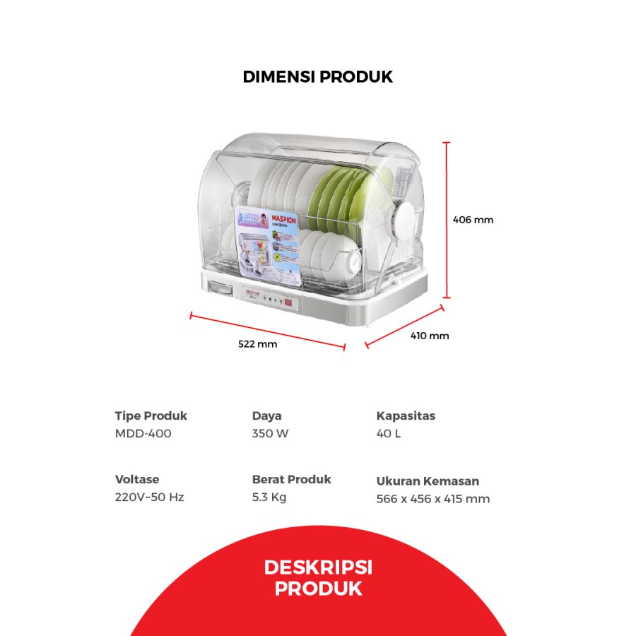 MASPION Dish Dryer MDD 400 / Pengering Piring Anti Bakteri - Garansi Resmi 1 Tahun