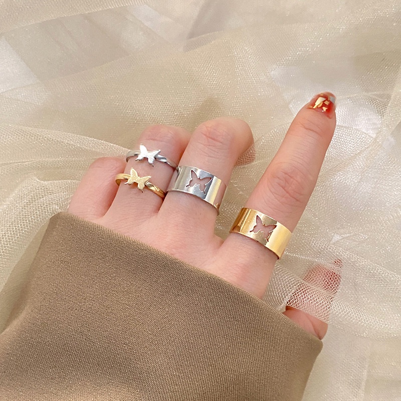 Set Cincin Model Terbuka Desain Butterfly Bintang Bulan Warna Emas Silver 17KM Dapat Disesuaikan Untuk Pasangan