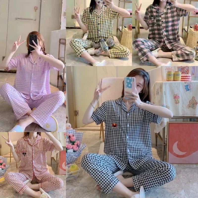 RULIF Baju tidur wanita / Piyama CP wanita import krah kancing lengan pendek