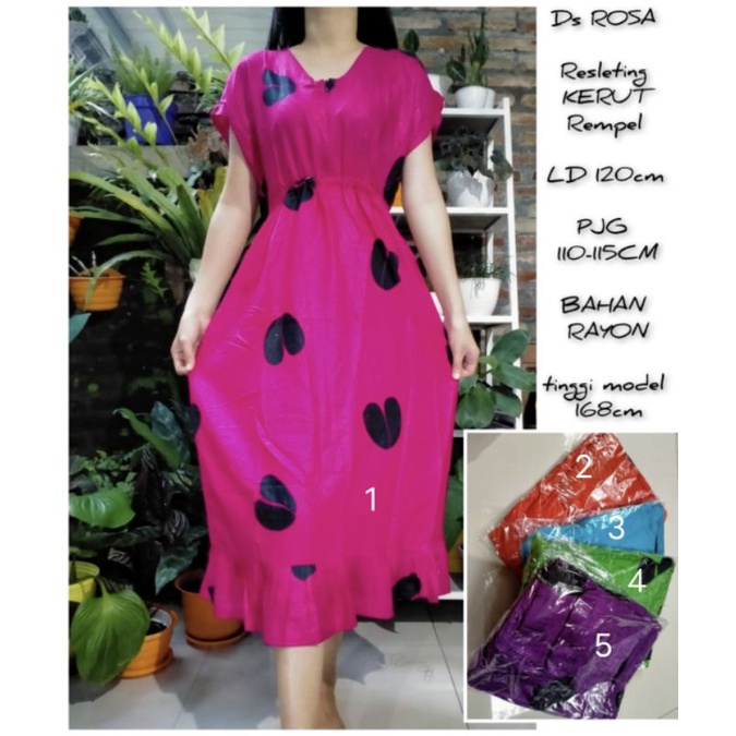 Daster Rempel Raffle Dress Rosa Busui Rayon Karet Pinggang