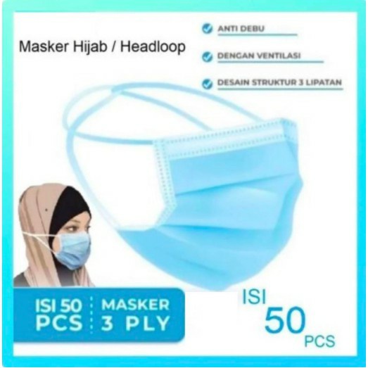 (COD) MASKER EARLOOP 3PLY NON HIJAB DISPOSABLE FACE MASK 3 PLY ISI 50PCS MALLSHOPPING