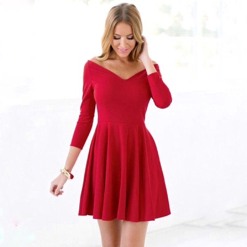 Dress pesta wanita sabrina dress off shoulder A line mini dress flare skirt casual formal dress big 