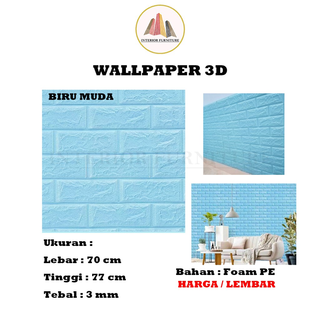 Wallpaper Dinding 3D Motif Bata Wood Foam Dekorasi Kamar Dekorasi Ruang Tamu murah 70x77cm-Biru Muda