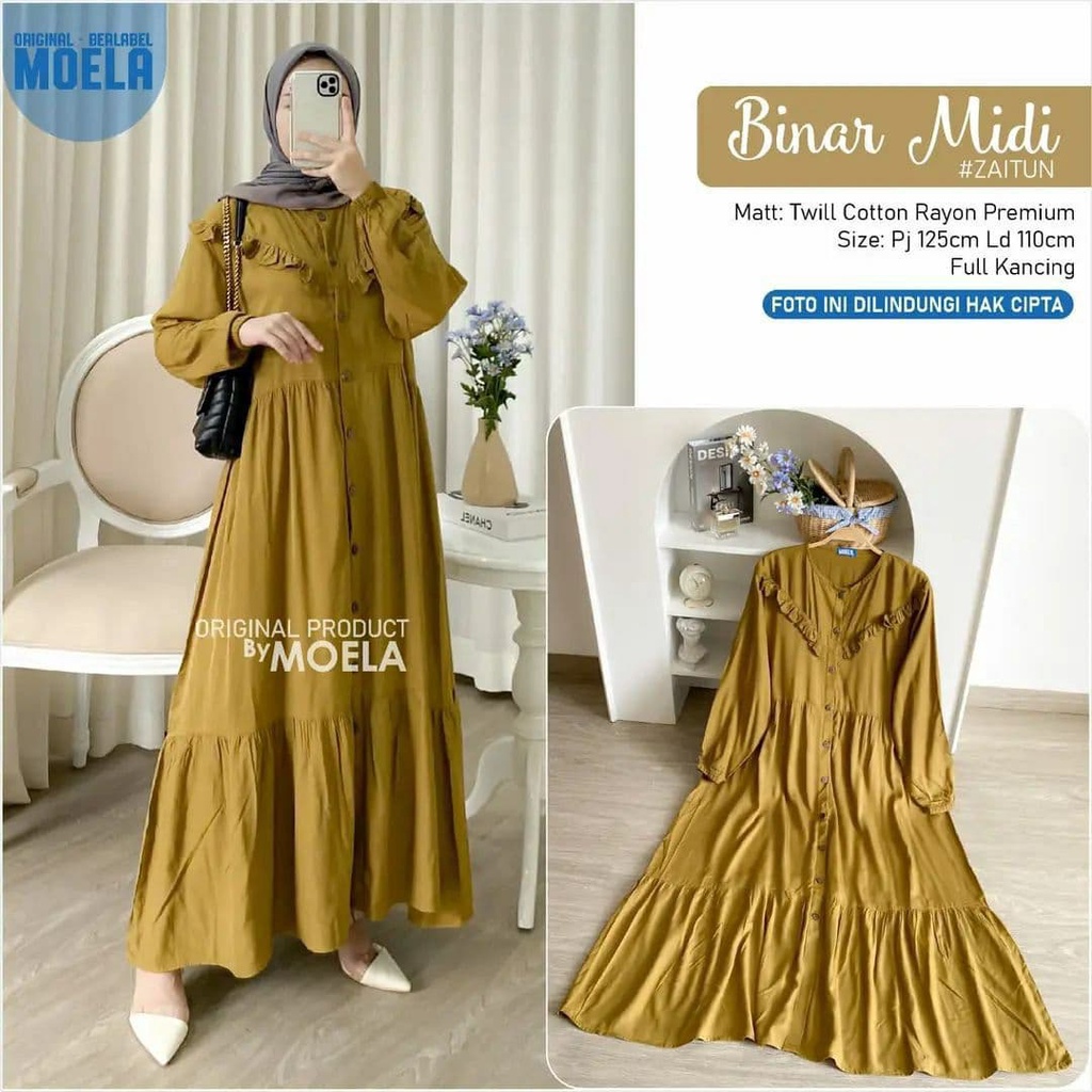 Binar Midi Dress Wanita Twill Cotton Premium Baju Wanita Kekinian Lengan Panjang Maxydress Polos Full Kancing LD 110 cm