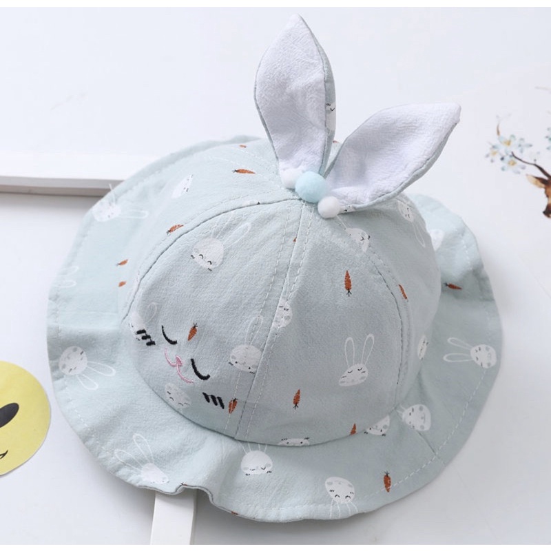 Topi Bucket Anak Bayi Telinga Bentuk Rabbit Carrot Ruffle-Hijau polos