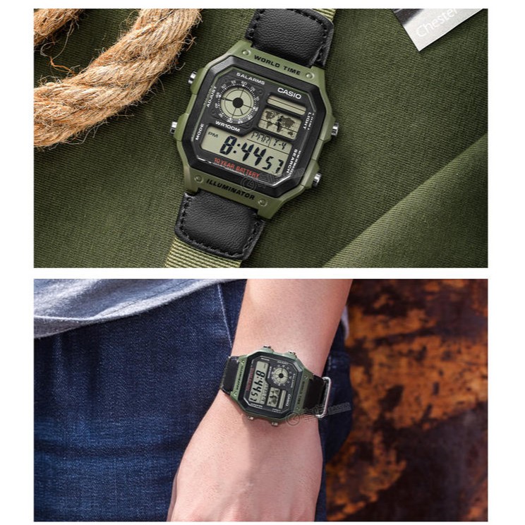 Casio Original AE-1200WHB-3B (Jam Tangan Pria - Digital - Canvas - Hijau Army)