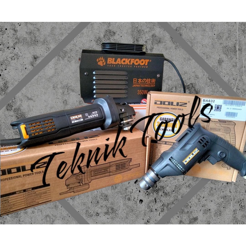 PAKET HEMAT 3 ITEM/BARANG GERINDA TANGAN 4" DOLIZ+BOR TANGAN 10MM DOLIZ+MESIN LAS 350WATT BLACKFOOT