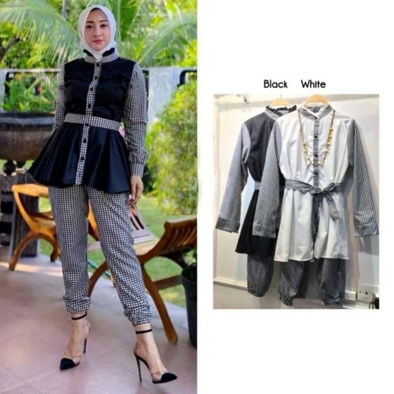 Baju Setelan Brukat Wanita Lebaran Terbaru 2022 Set Tunik Asteria Mode Fwg - Stelan Arna Kotak / Set