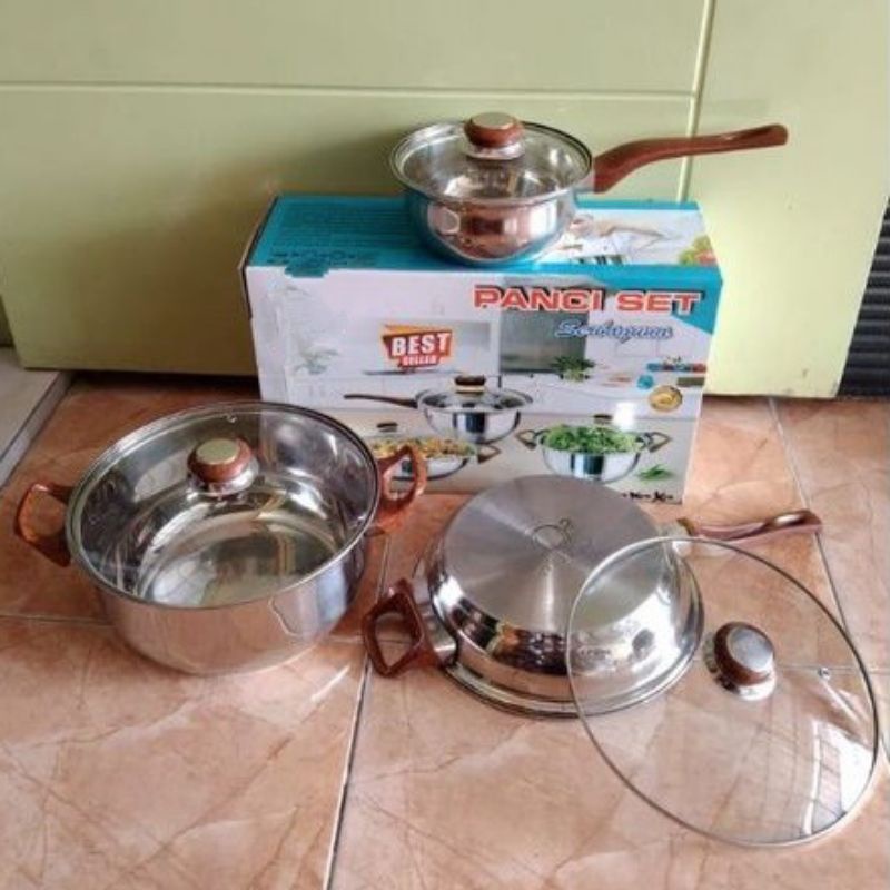 Panci , 7206 ,  Multifungsi , Wajan , Penggorengan , Panci 3 Set tutup kaca , Stainless