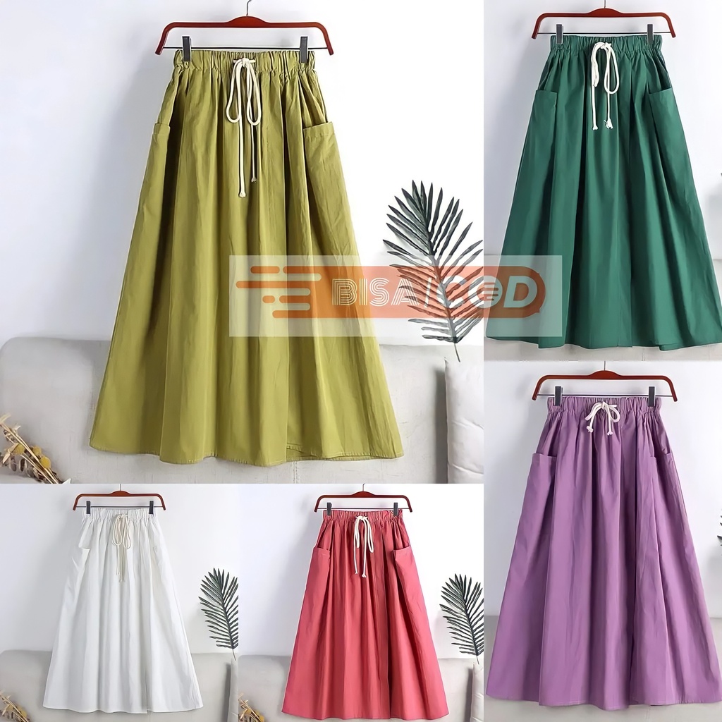 ROK Bawahan SHAGIVA Korean Skirt Jumbo TOYOBO Linen Katun Rayon Scuba Serut Panjang Midi Rajut Plisk