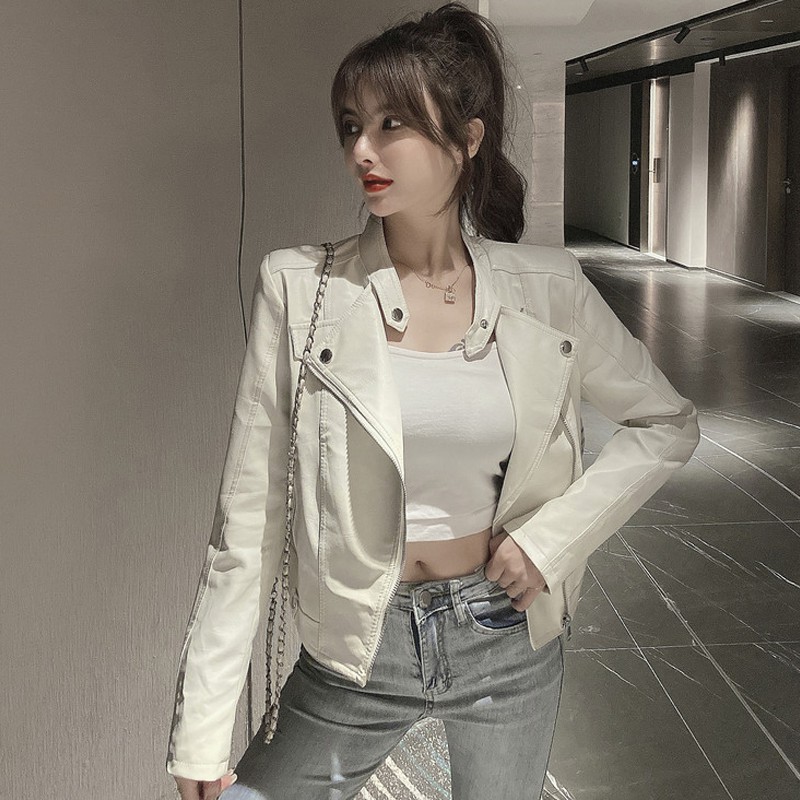 Baru Fashion Sexy Halter Blazer Kerah Mantel Pendek Slim FitPUKulit Wanita Panjang Lengan