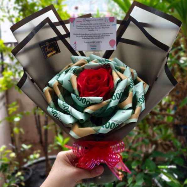 Large Money Roses + Bunga Artificial Bouquet / Bucket Bunga Buket Uang Asli 20k / Hadiah Ultah