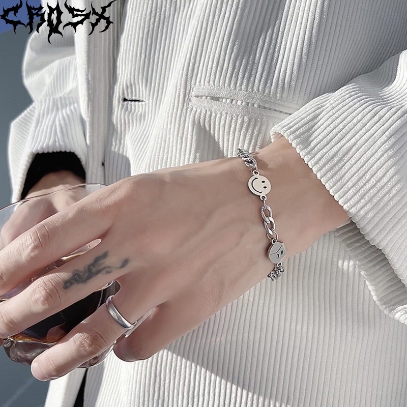 SMILE BRACELET / SMILEY AND SAD BRACELET / SMILEY AND CRY BRACELET / GELANG RANTAI SILVER / BRACELET GELANG TITANIUM / AESTHETIC BRACELET / GELANG ESTETIK / CINCIN AESTHETIC / GELANG PRIA / GELANG WANITA / GELANG PRIA WANITA