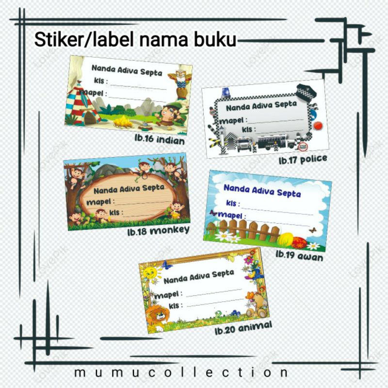 Jual stiker/label nama buku pelajaran custom motif lucu karakter/frame