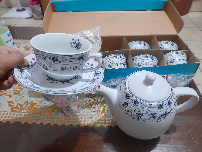 Teko Keramik Motif Ming Blue Oriental Gagang Bulat 1.2l