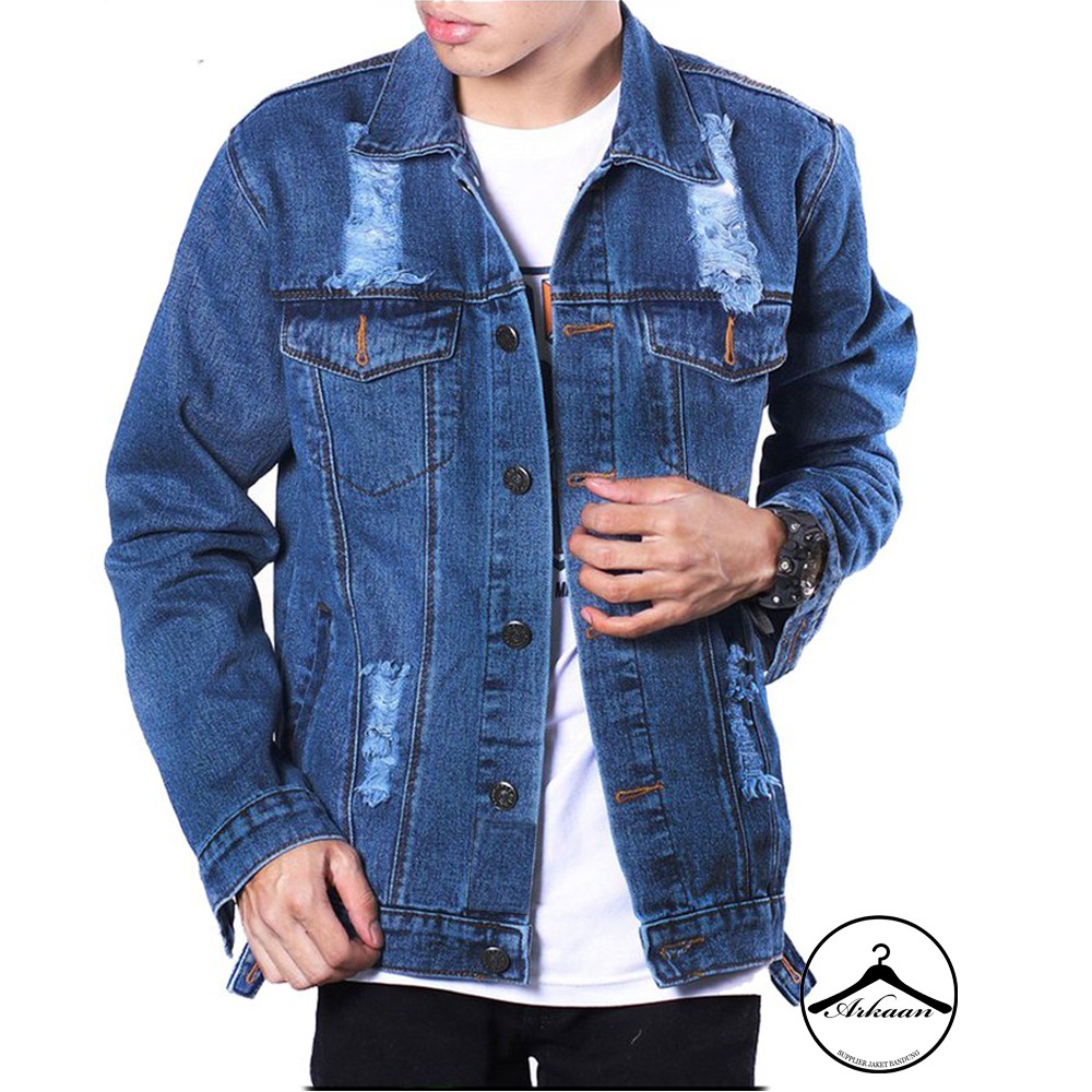 AKN- JAKET JEANS PRIA / JAKET JEANS RIPPED PREMIUM / JAKET LEVI PRIA SOBEK POLOS DENIM ORIGINAL