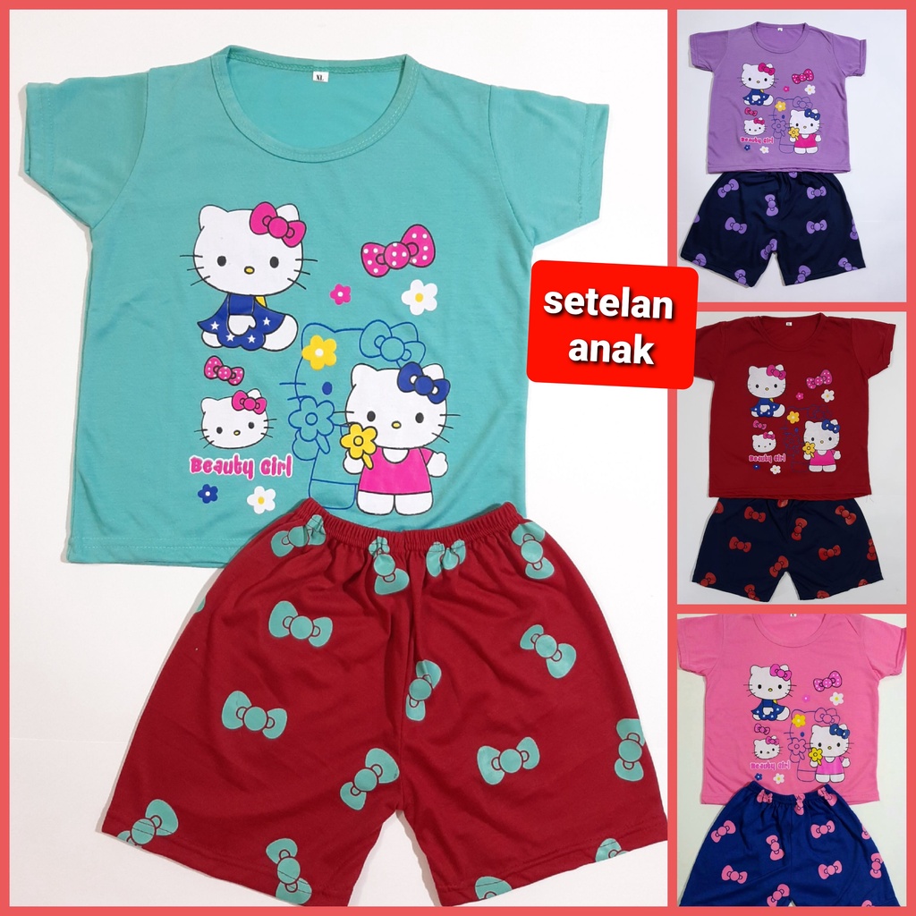 setelan kaos anak perempuan PDK 1- 10 tahun lengan pendek celana baju cewek kity pita Grosir ecer