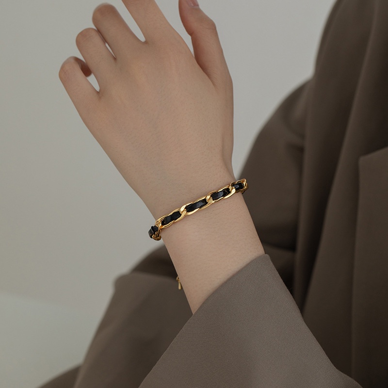 Titanium Gelang Versi Korea Fashion Sederhana Retro Rantai Hitam PU Kulit Gelang