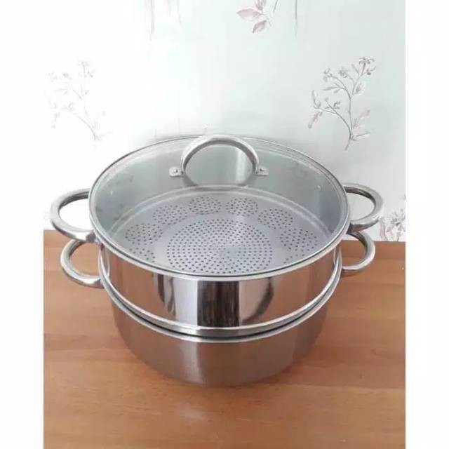 Super Steamer 40 cm 2 Susun Supra Stainless Panci Kukusan Tutup Kaca