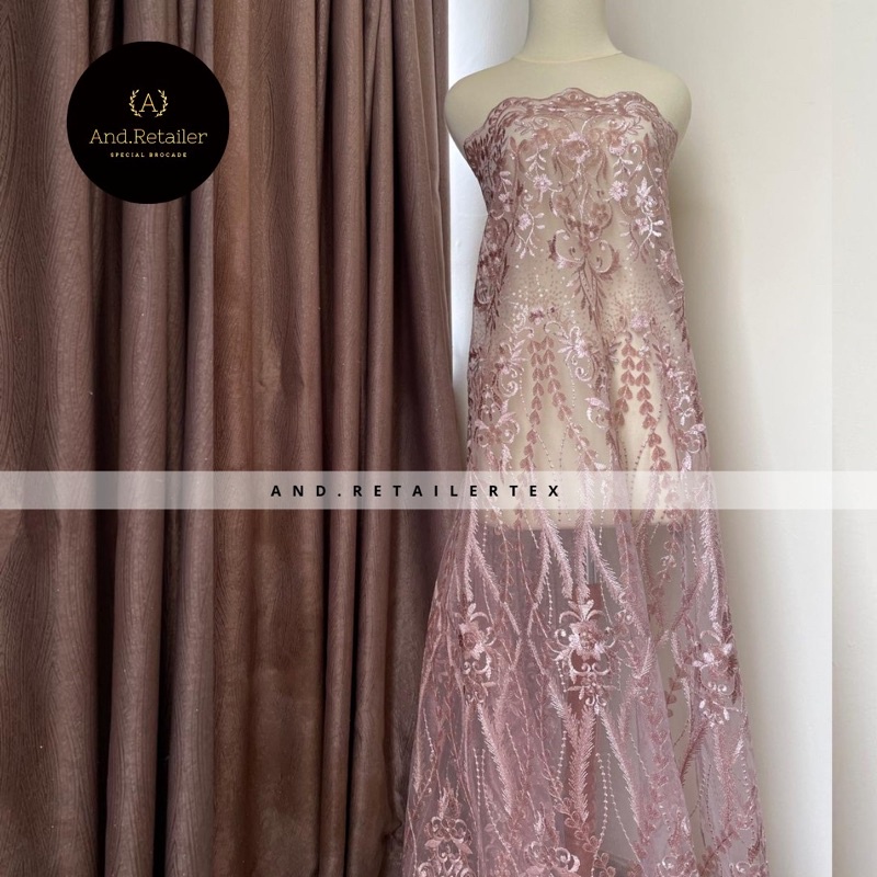 Bahan Kebaya Brokat Tulle Payet Gloria Exclusive Warna Rose Gold