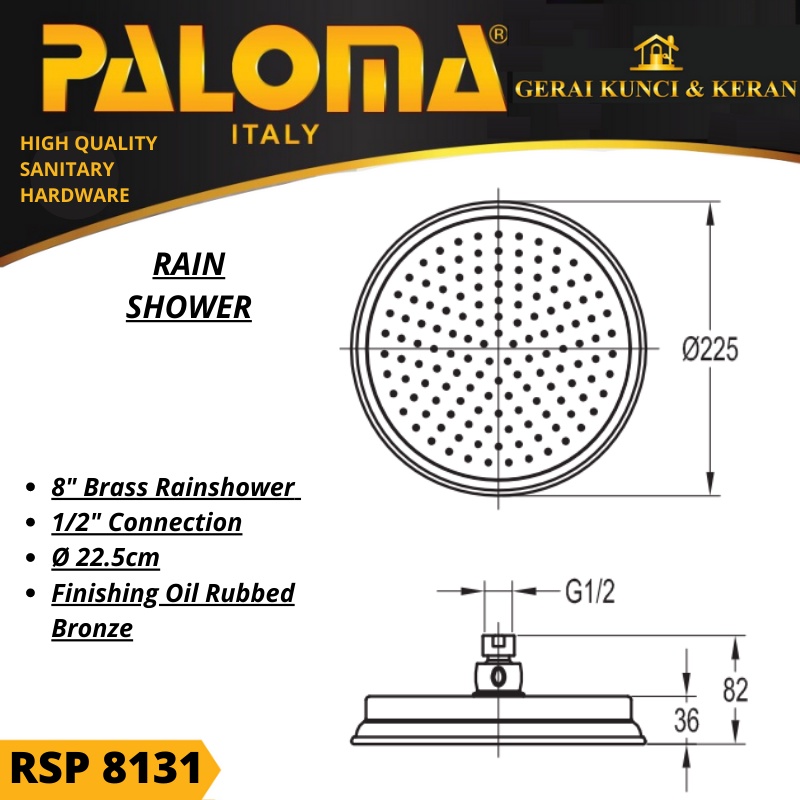 RAIN SHOWER PALOMA RSP 8131 8&quot; ANTIK ORB KEPALA SHOWER MANDI BRASS